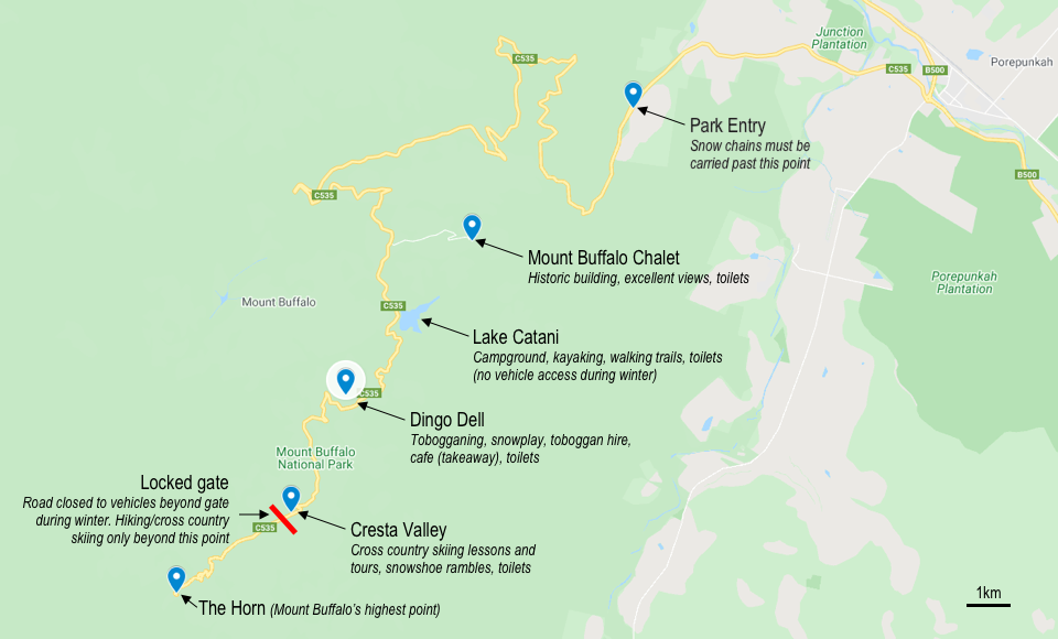 Mount Buffalo Map showing Chalet, Dingo Dell, Cresta Valley, The Horn